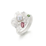 Nicoline van Boven roosjes Bouquet ring met grijze zoetwaterparel, roze en groene toermalijn maat 16,5
