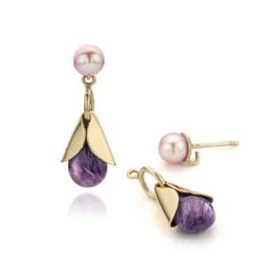 39 - 14k Gouden oorbellen met charoiet, wisselsysteem: met parelstekers of haakje